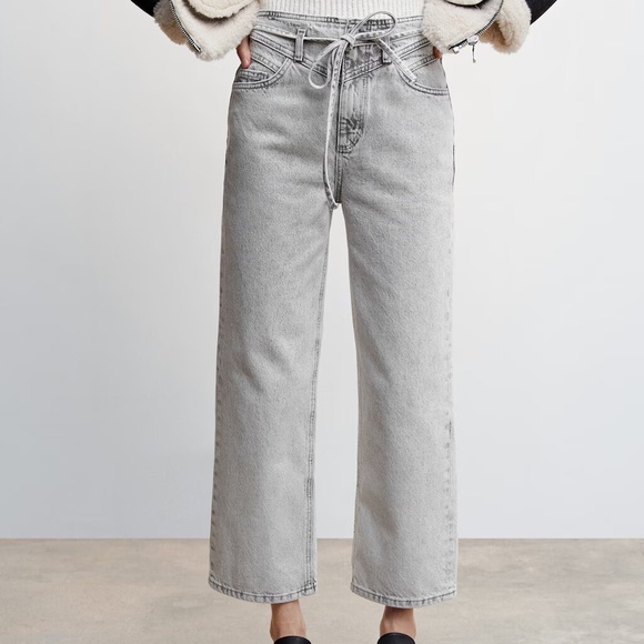 Mango Light Grey Bow Cotton Jeans/Culottes - Size 34 - Picture 6 of 13